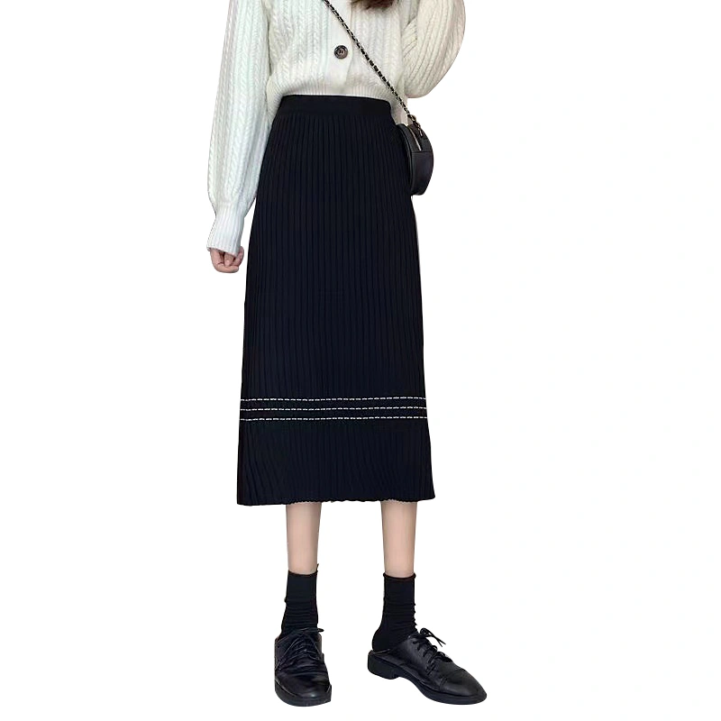 Women Casual Skirt, High Waist Stripe Ribbed Knitted Midi Skirt