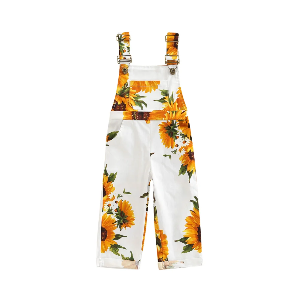 Kid Girl Suspenders Pants, Sunflower Print Buckle Pockets Overalls