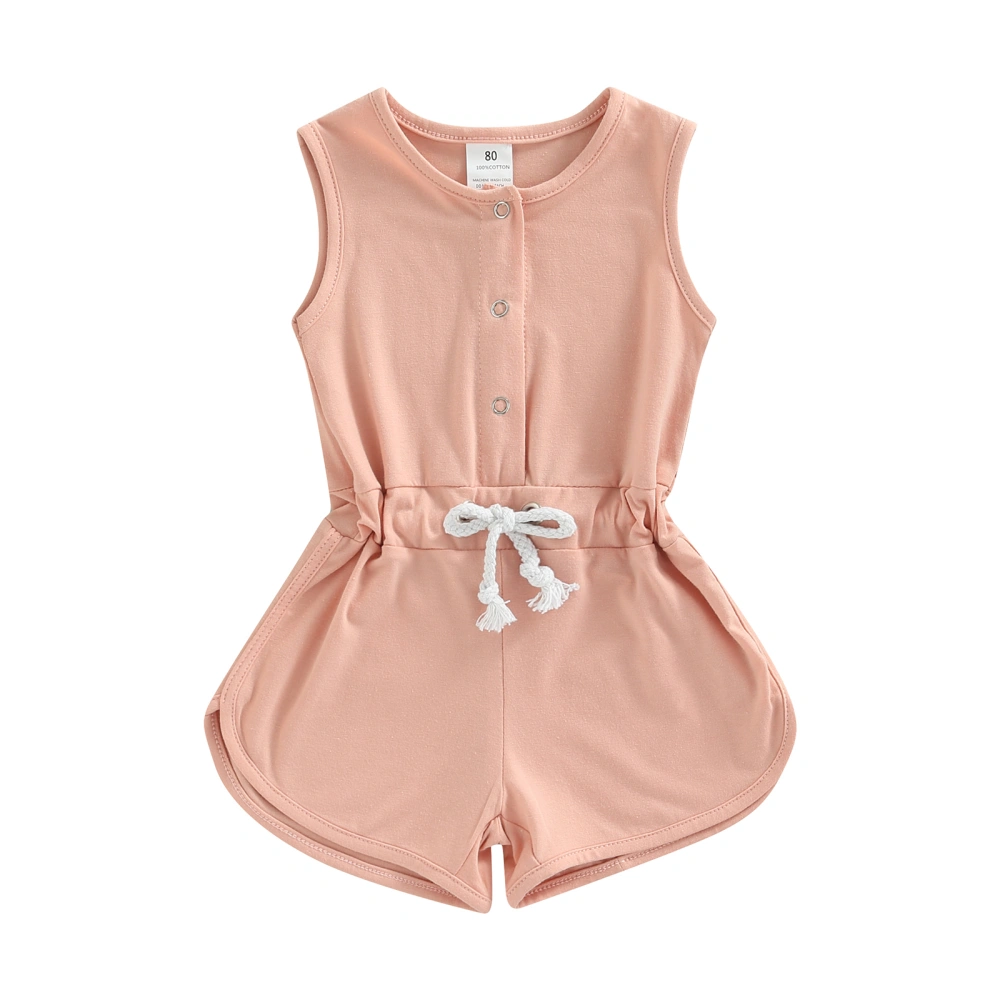 Little Girls Simple Style Jumpsuit, Round Collar Drawstring Shorts