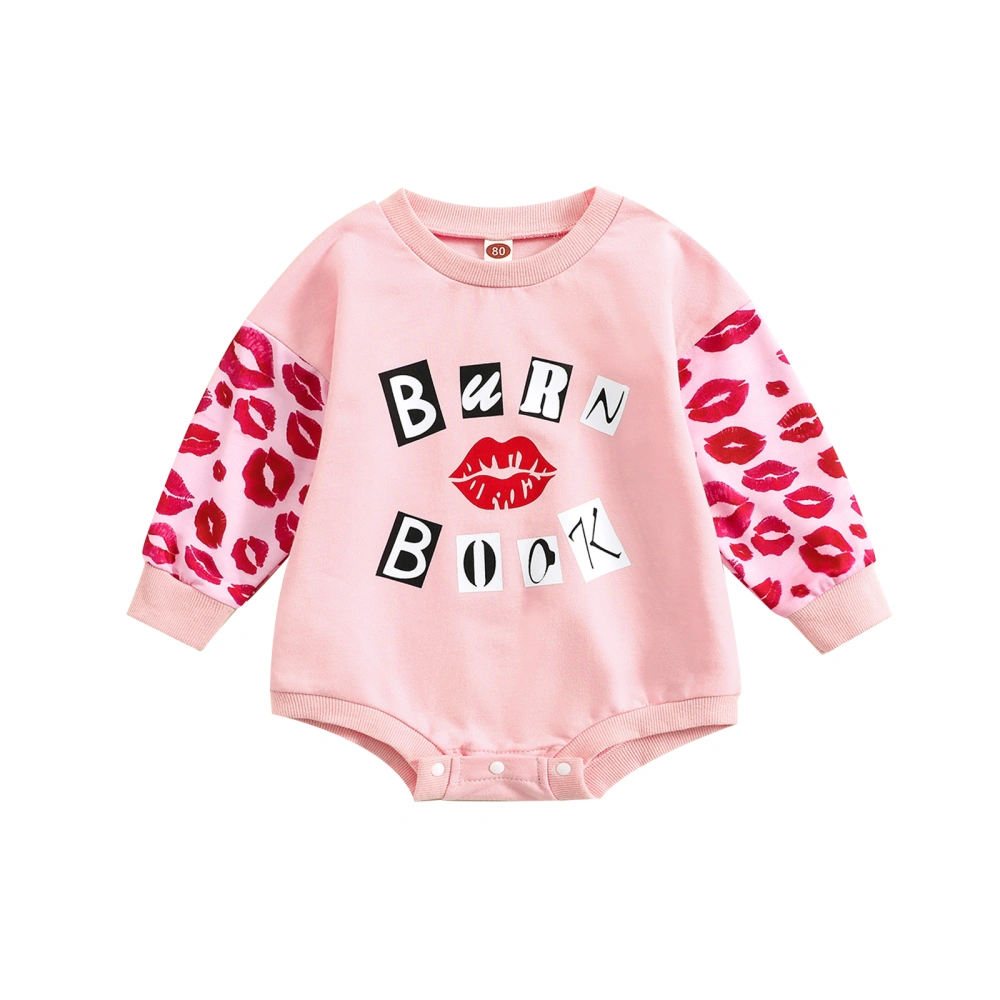 Baby Girls Autumn Long Sleeve O Neck Letter & Red Lip Print Romper