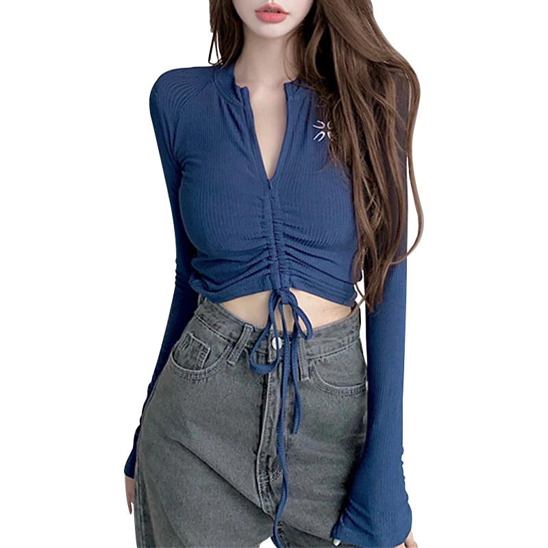 Women Long Sleeve Zip Up Round Neck Slim Fit Drawstring Crop Tops