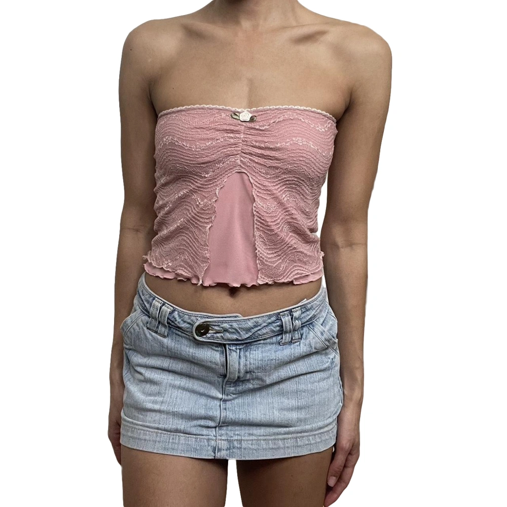 Women Fashion Tube Tops Flower Lace Strapless Boat-Neck Bandeau