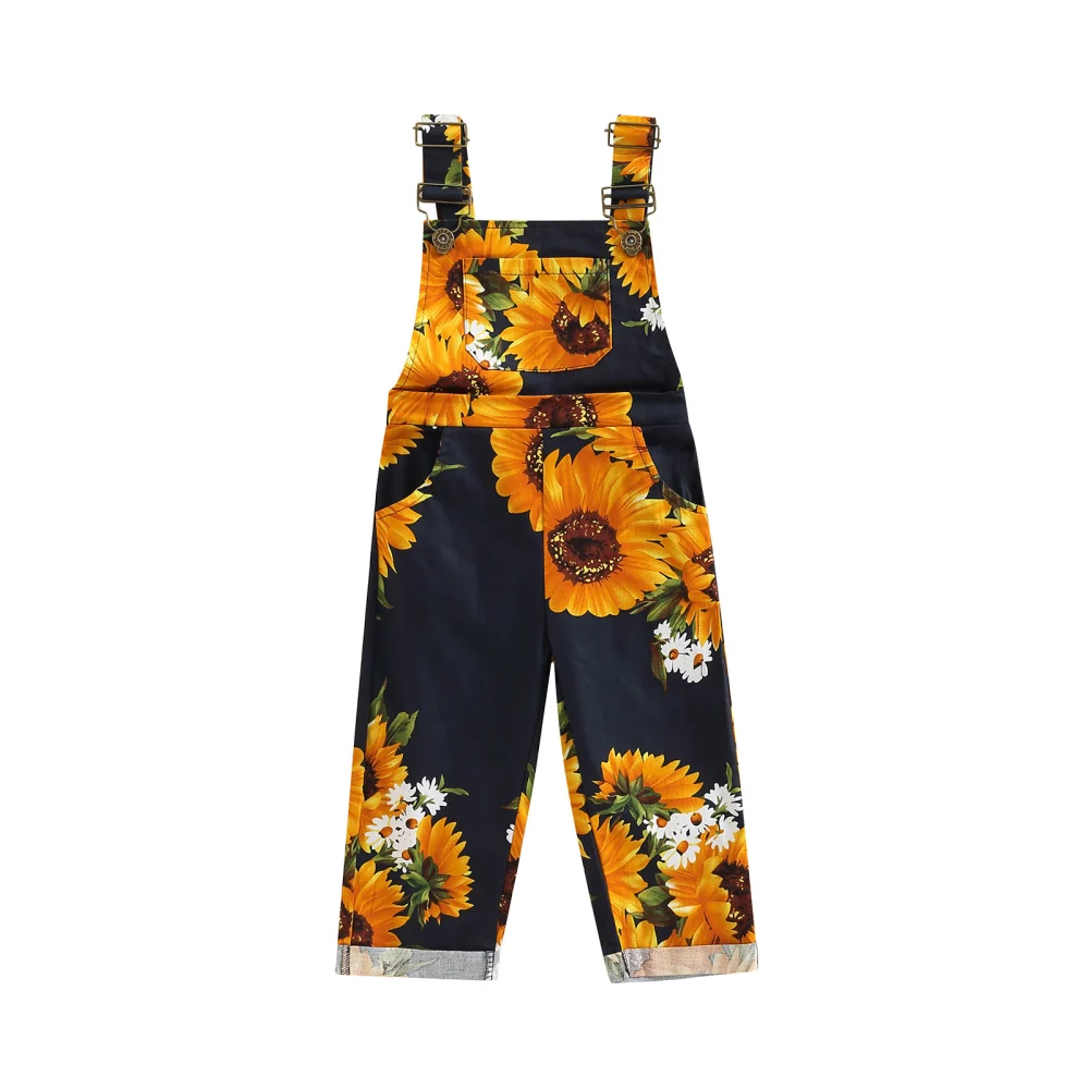 Girls Jumpsuit, Wide Strap Sleeveless Sunflower Printed Playsuit