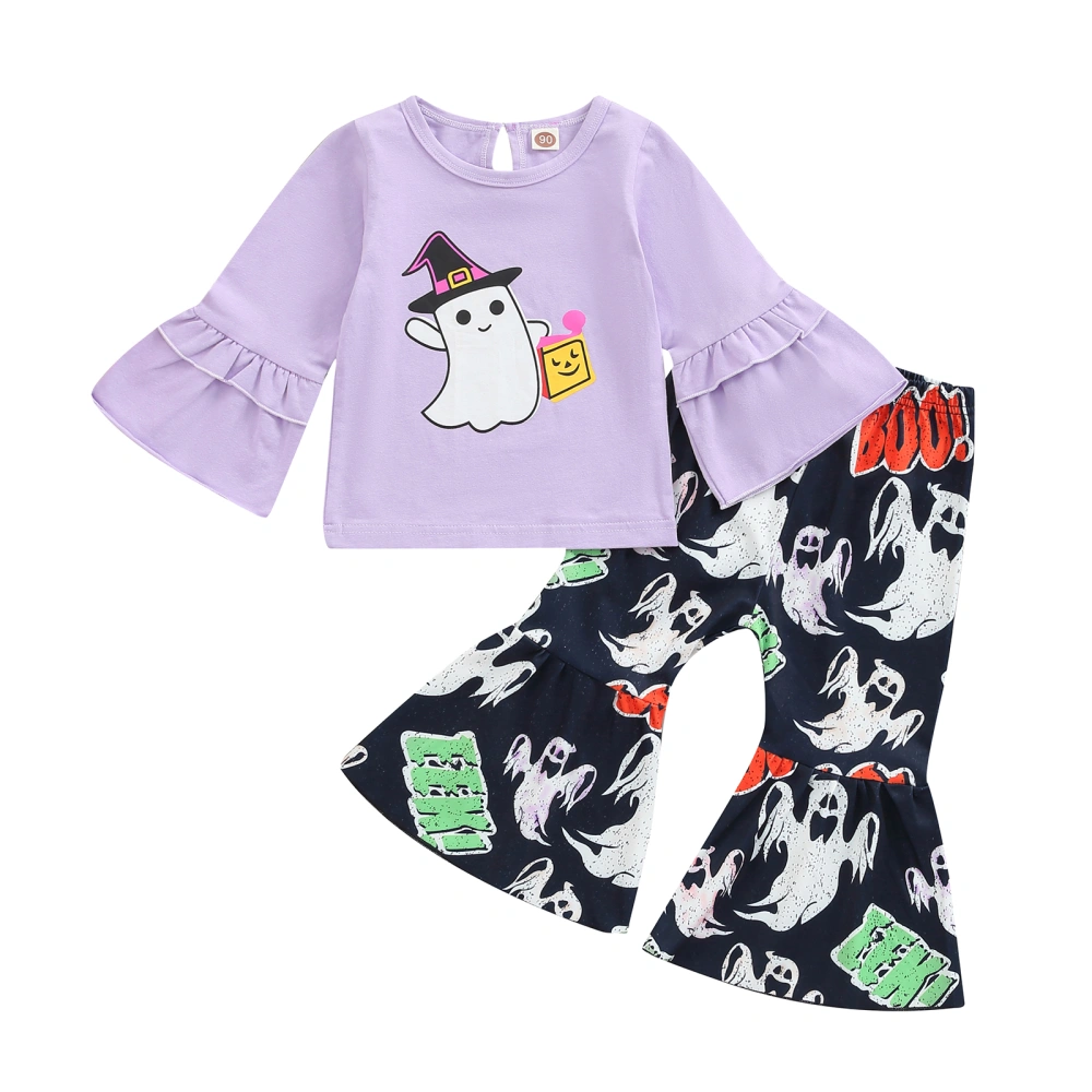 Girls Halloween Purple Long Flared Sleeve Tops + Cartoon Flared Pants