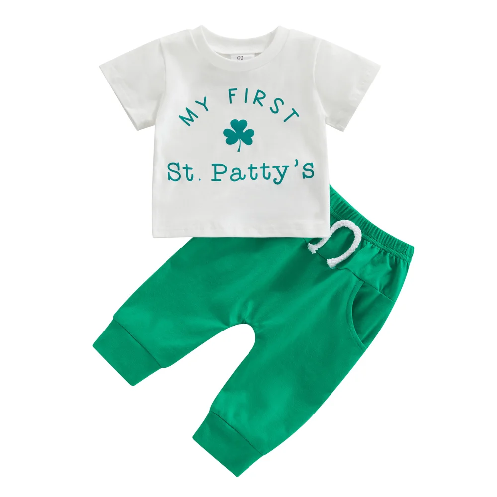 Boy Girl Short Sleeve Shamrock Print T-Shirt + Elastic Waist Pants