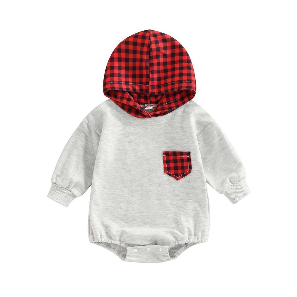 Baby Boys Girls Romper, Long Sleeve Hooded Plaid/Elk Print Bodysuit