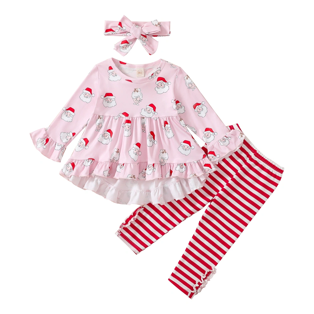 Girls Santa Print Shirt + Long Striped Trousers + Headband Suit