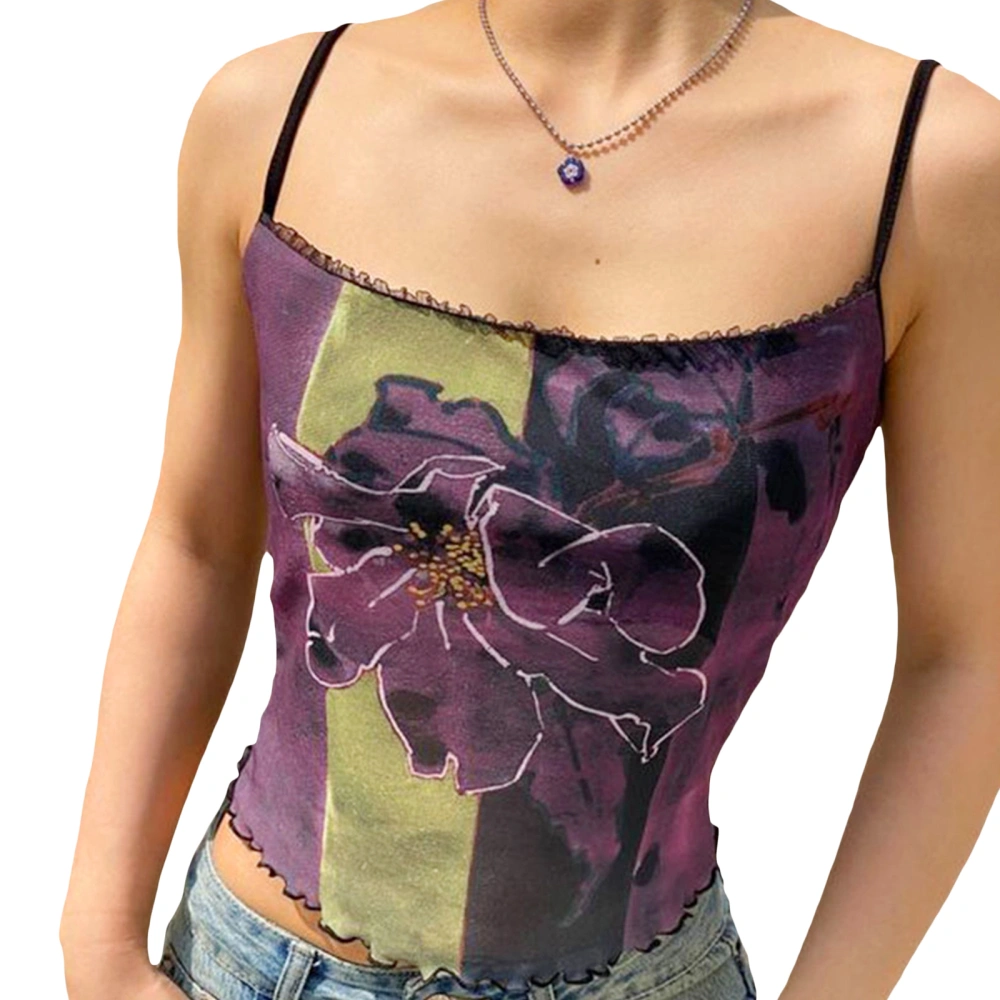 Women Contrast Color Flower Camisoles Sleeveless Sling Tank Tops