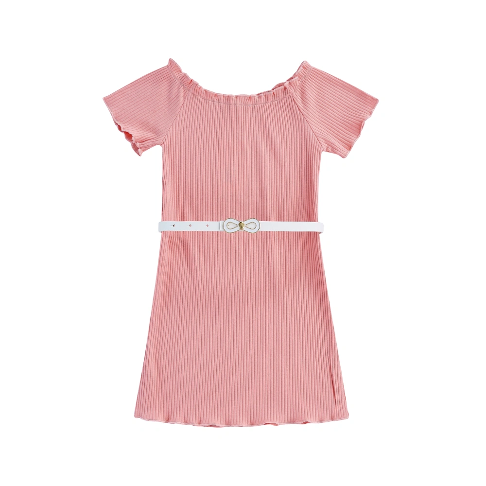 Girl's Dress, Solid Color Ruffle Short Sleeve Ribbed Dress with Belt