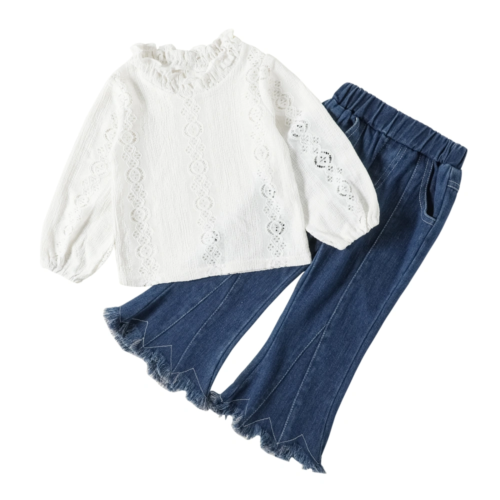 Girls Hollow-out Solid Color Stand Collar Lace Pullover + Flared Jeans