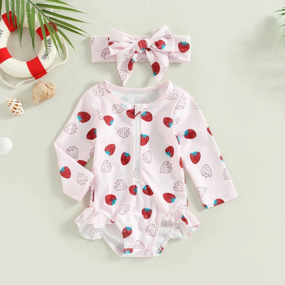 Toddler Girl Swimsuits Strawberry Print Zipper Jumpsuit and Headband