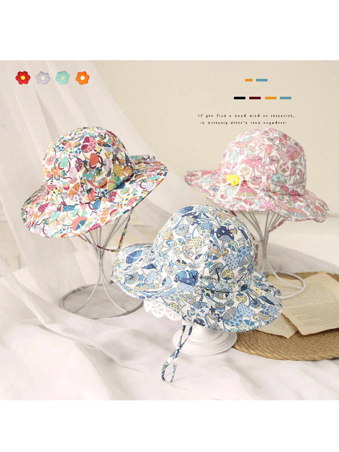 Toddler Bucket Hat, Wide Brim Cartoon Mushroom Print Fisherman Hat