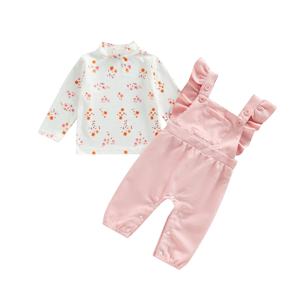 Girls Overalls Set, Long Sleeve High Neck Floral T-shirt + Overalls