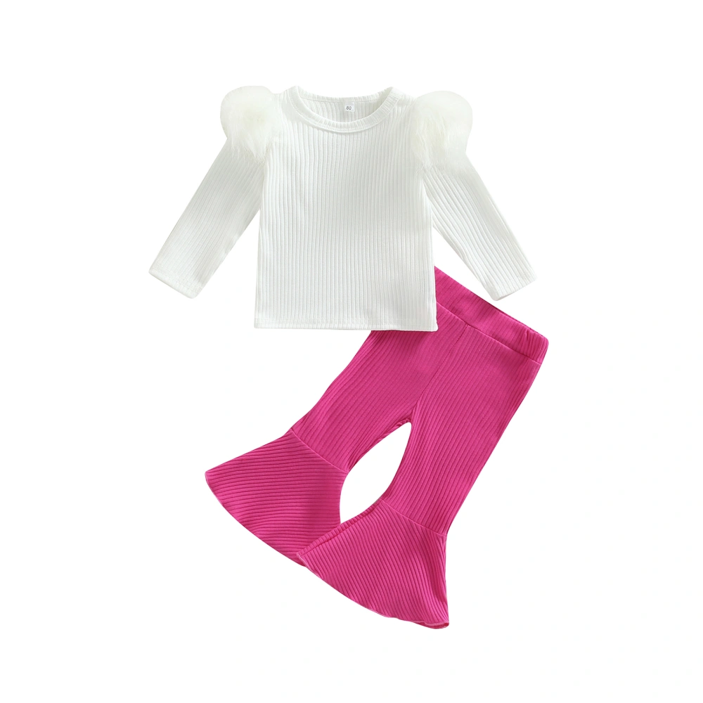 Girls Pants Set, Long Sleeve Fluffy Patchwork T-shirt + Flare Pants