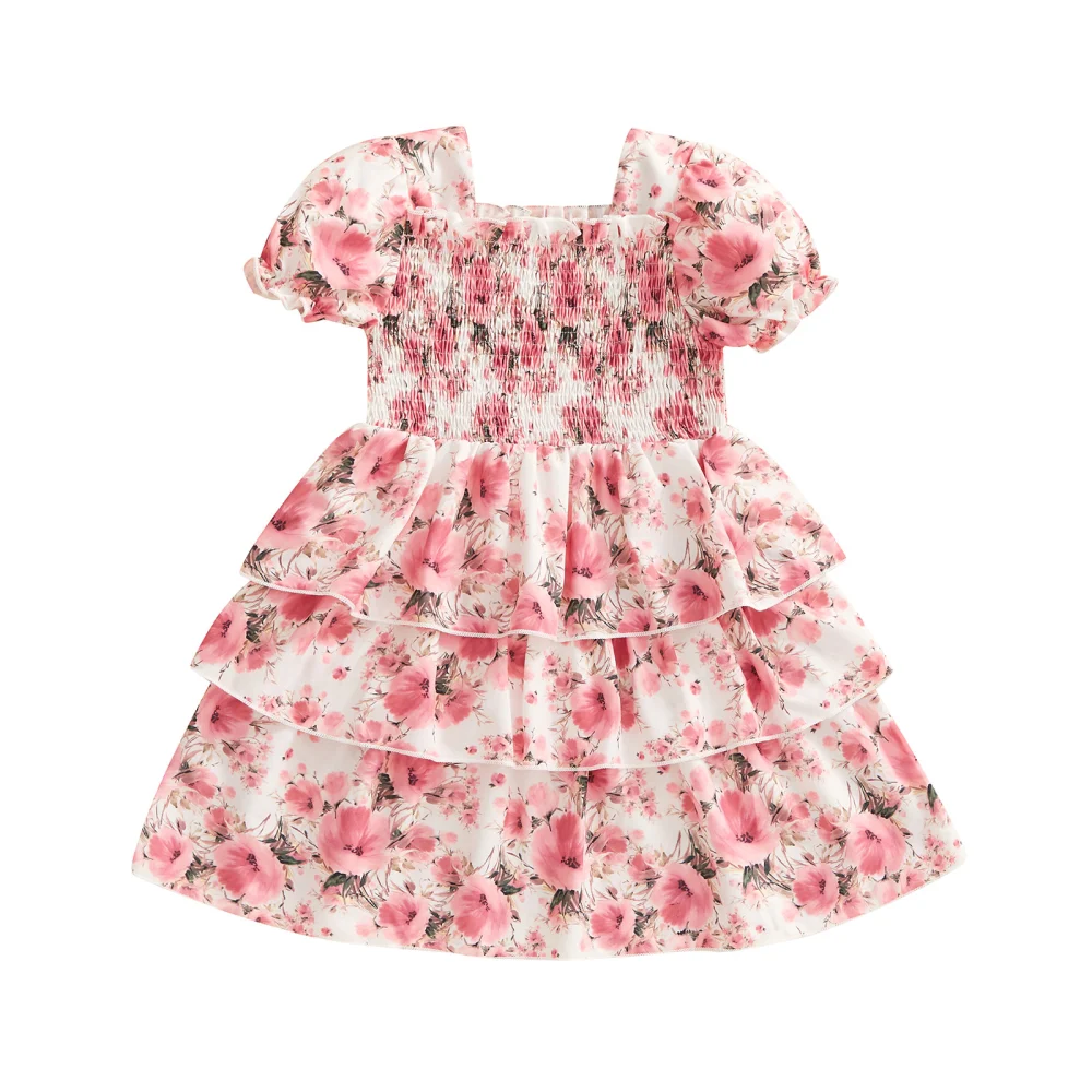 Toddler Kids Girls Cute Dress Floral Print Short Sleeve Ruffles Dress