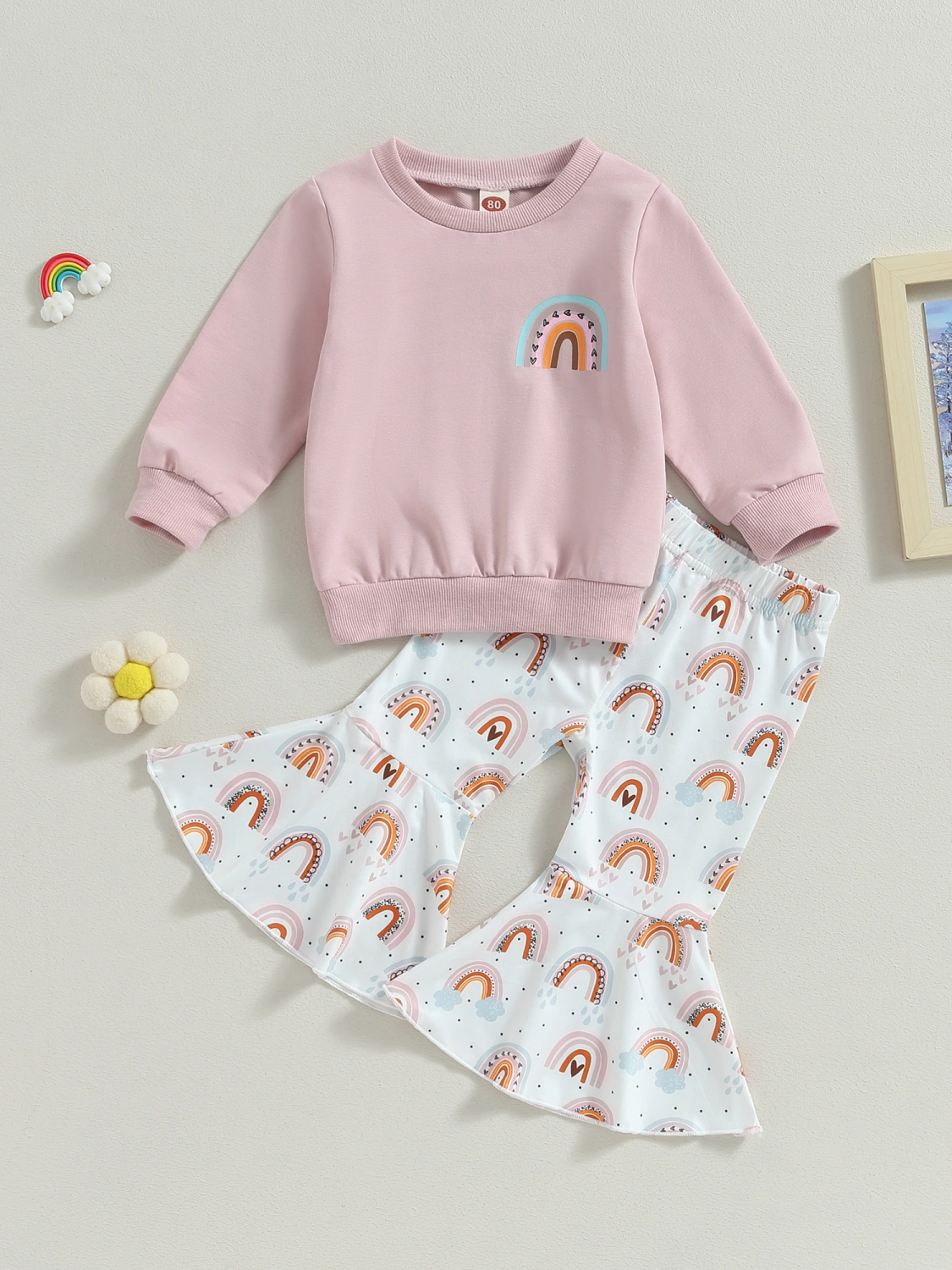 Toddler Girl Fall Outfits Sweatshirts Rainbow Print Flare Pants Set
