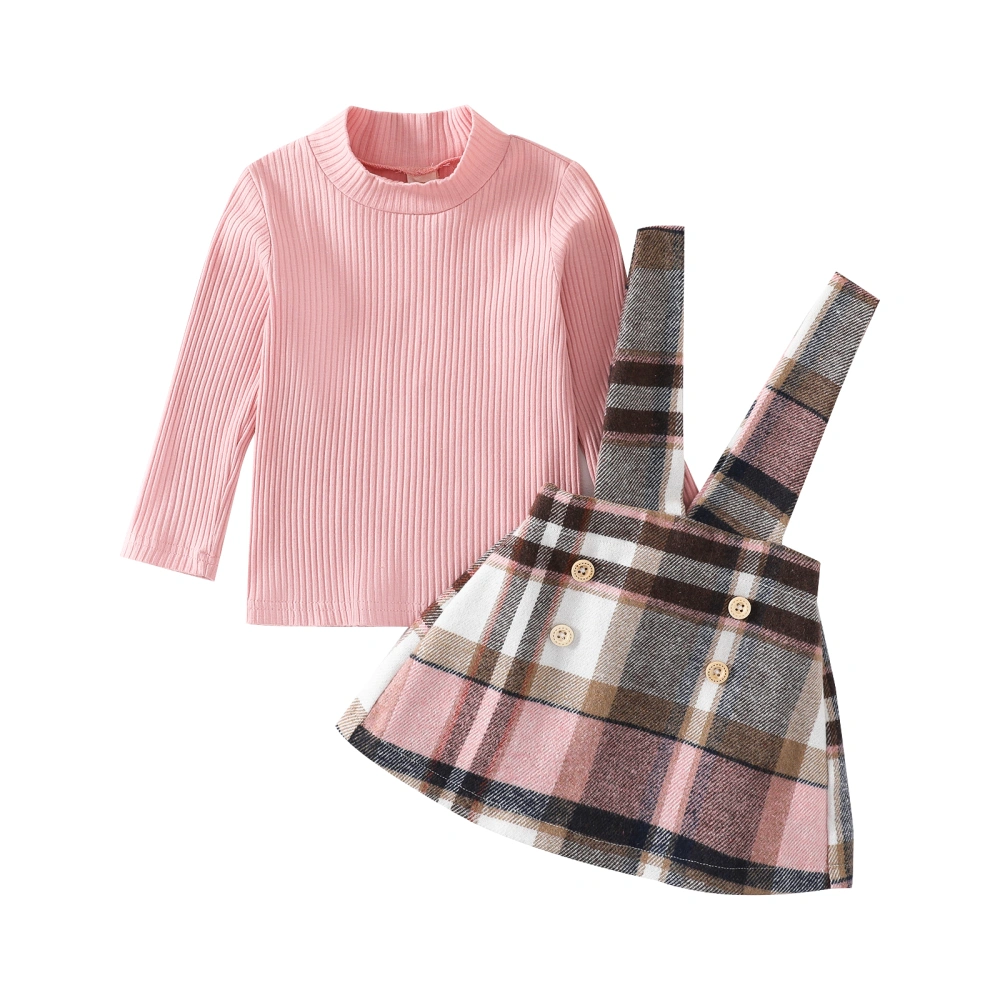 Girl Solid Long Sleeve Half High Neck Pullover + Plaid Suspender Skirt