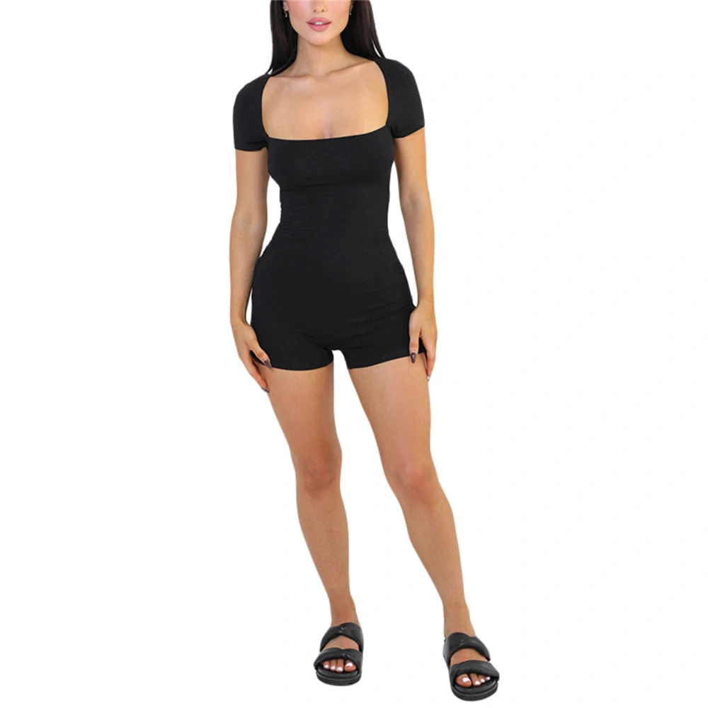 Women's Slim Playsuit, Solid Color Short Sleeves Square Neck Bodysuit