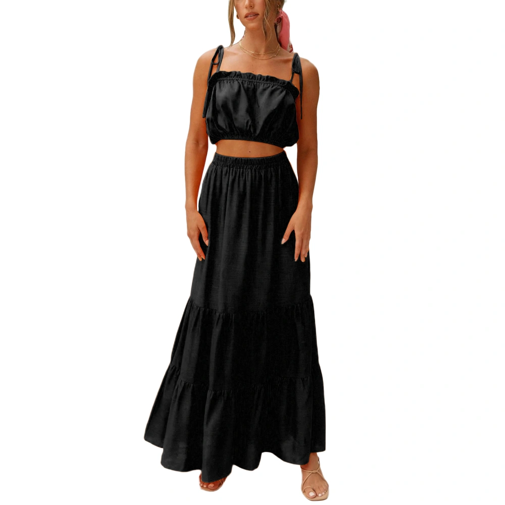 Women Off Shoulder Crop Vest + Summer Casual Long Skirt Outfit 