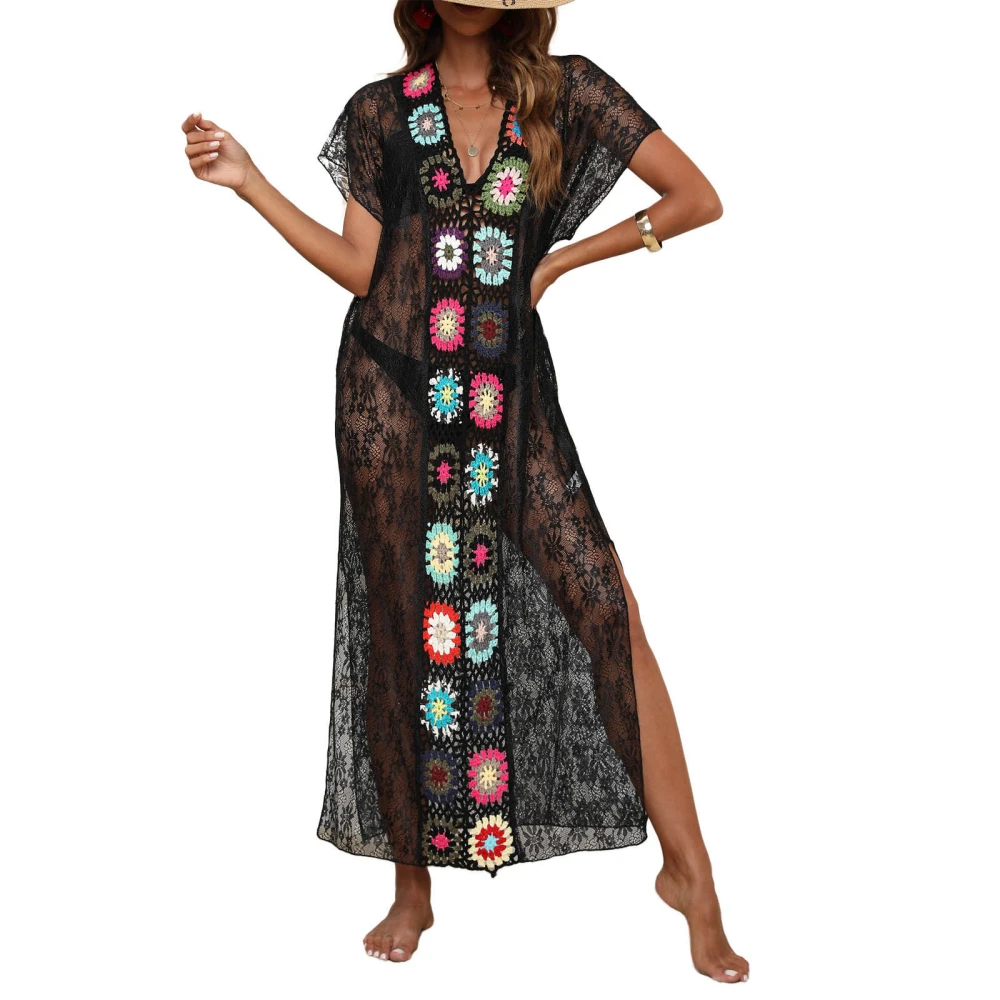 Women Cover-up Dress, Short Sleeve V-neck Lace Patchwork Beach Dress