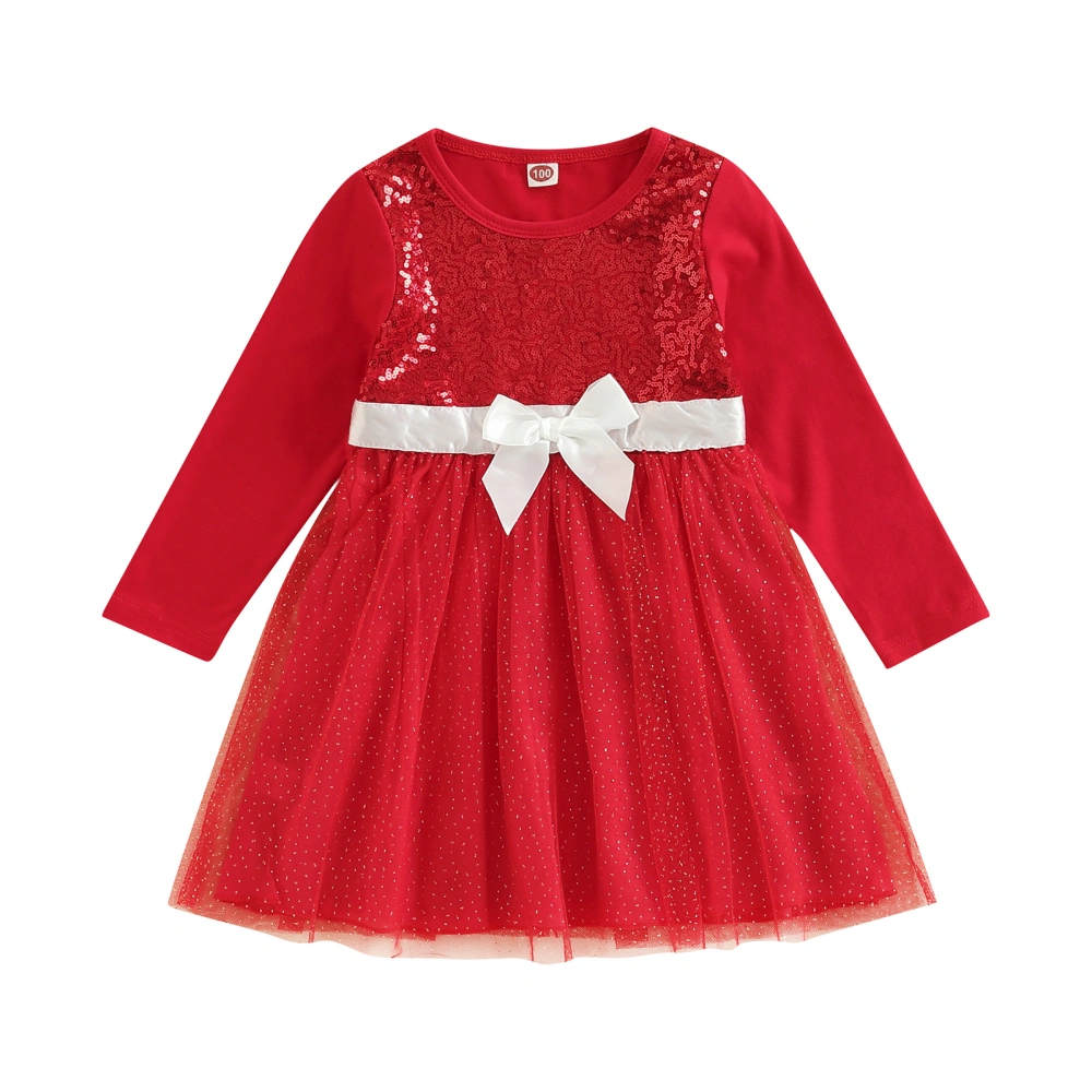 Girl Christmas Dress, Shiny Sequin Long Sleeve Bow Front Tulle Dress