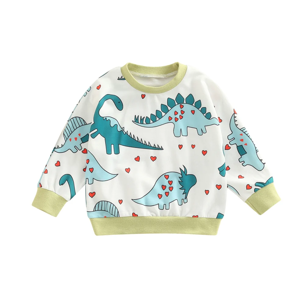 Boys Long Sleeve Pullover, Hearts Dinosaurs Printed Patchwork Tops