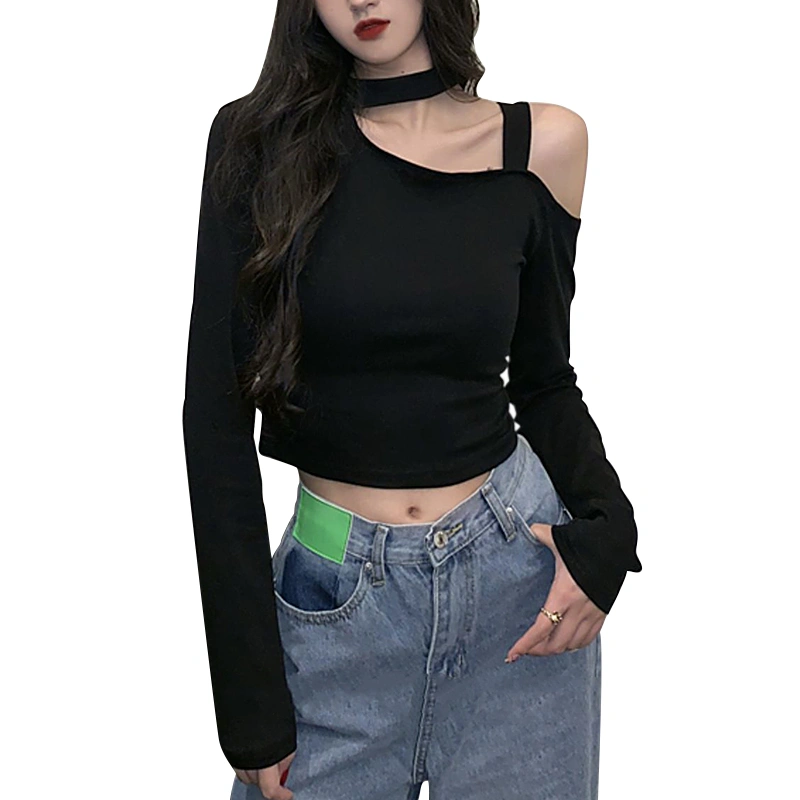 Women Shirt Long Sleeve Single Shoulder Cropped Spring Tops, Black