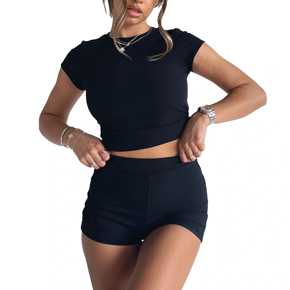 Women Shorts Set Short Sleeve Crew Neck T-shirt + Elastic Waist Shorts