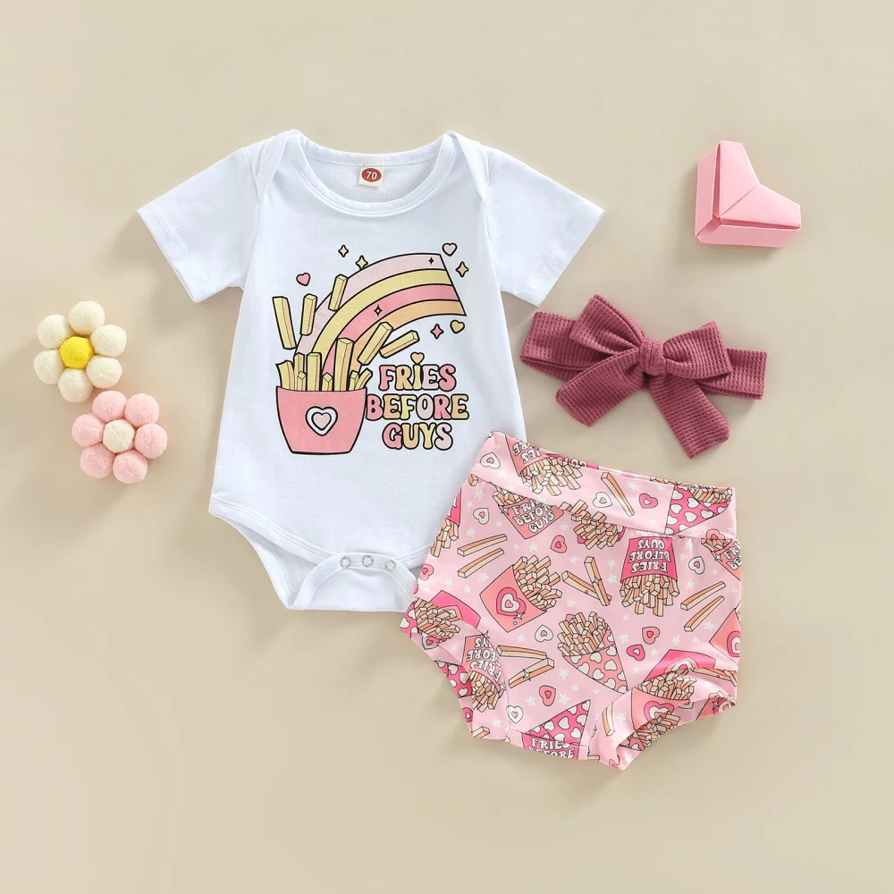 Infant 3 Pieces Outfit, Chips Letter Print Romper + Shorts + Headband