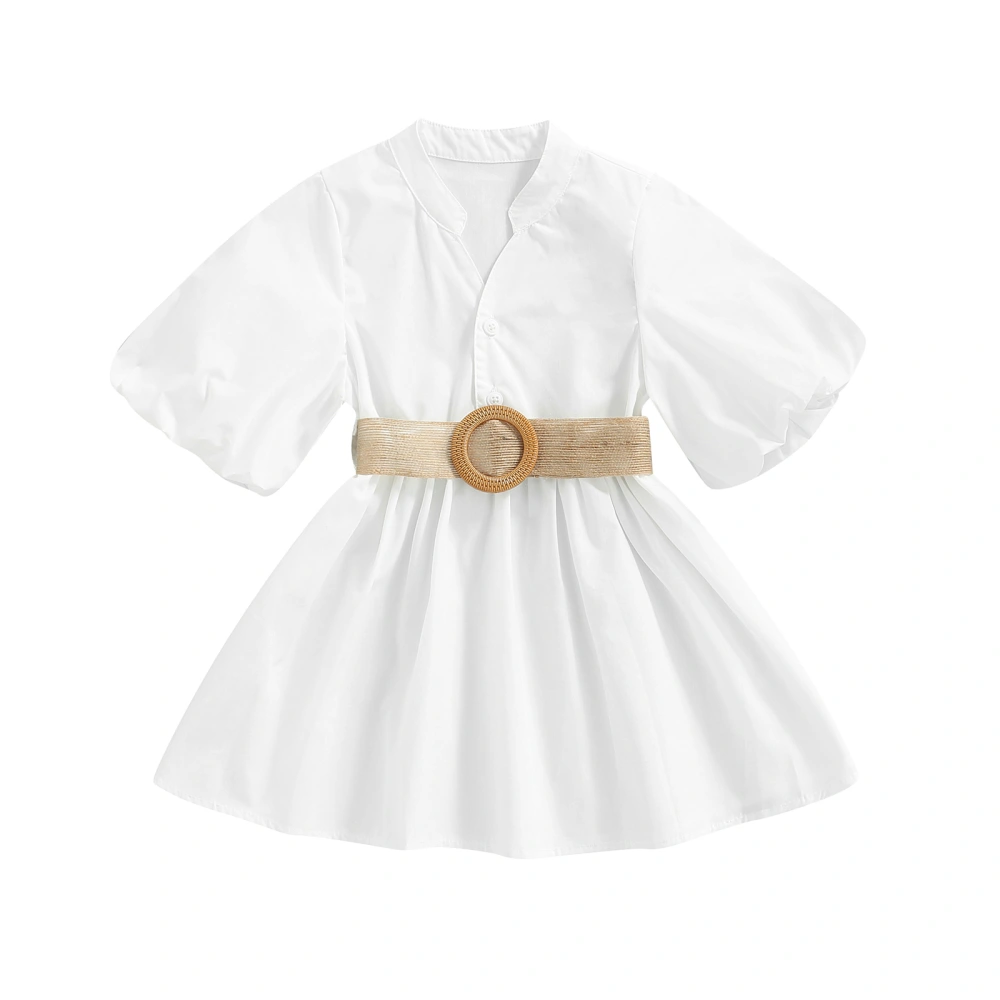 Girls Princess Dress Solid Color Short Sleeve Button Dress with Belt