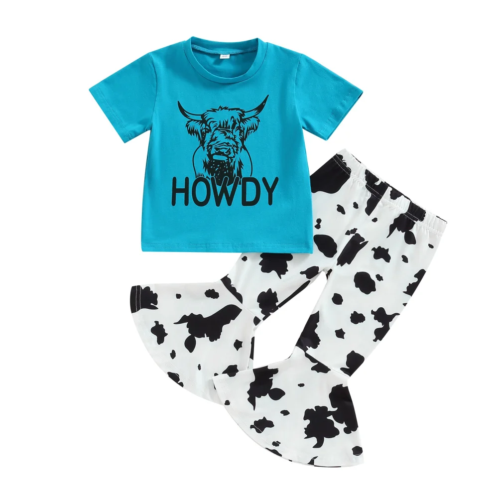 Kids Girl Outfits Summer Cow Head Letter Print T-shirt and Flare Pants