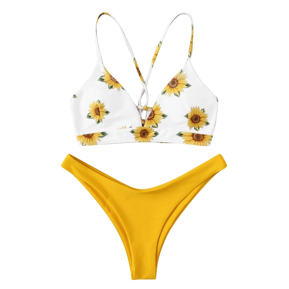 Women Split Swimsuit Set, Sunflower Print Bikini+Solid Color Panties