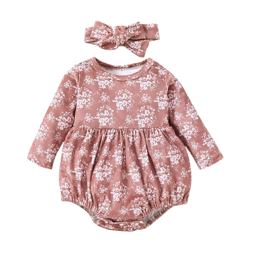 Infant Romper Floral Round Neck Long Sleeve Jumpsuits with Headband