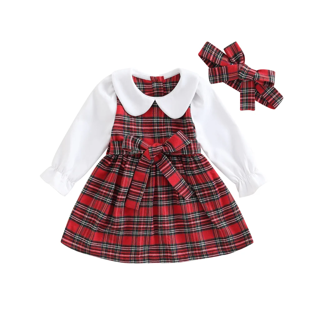 Kid Girls Fashion Dress Patchwork Plaid Waist Belt Dress with Headband