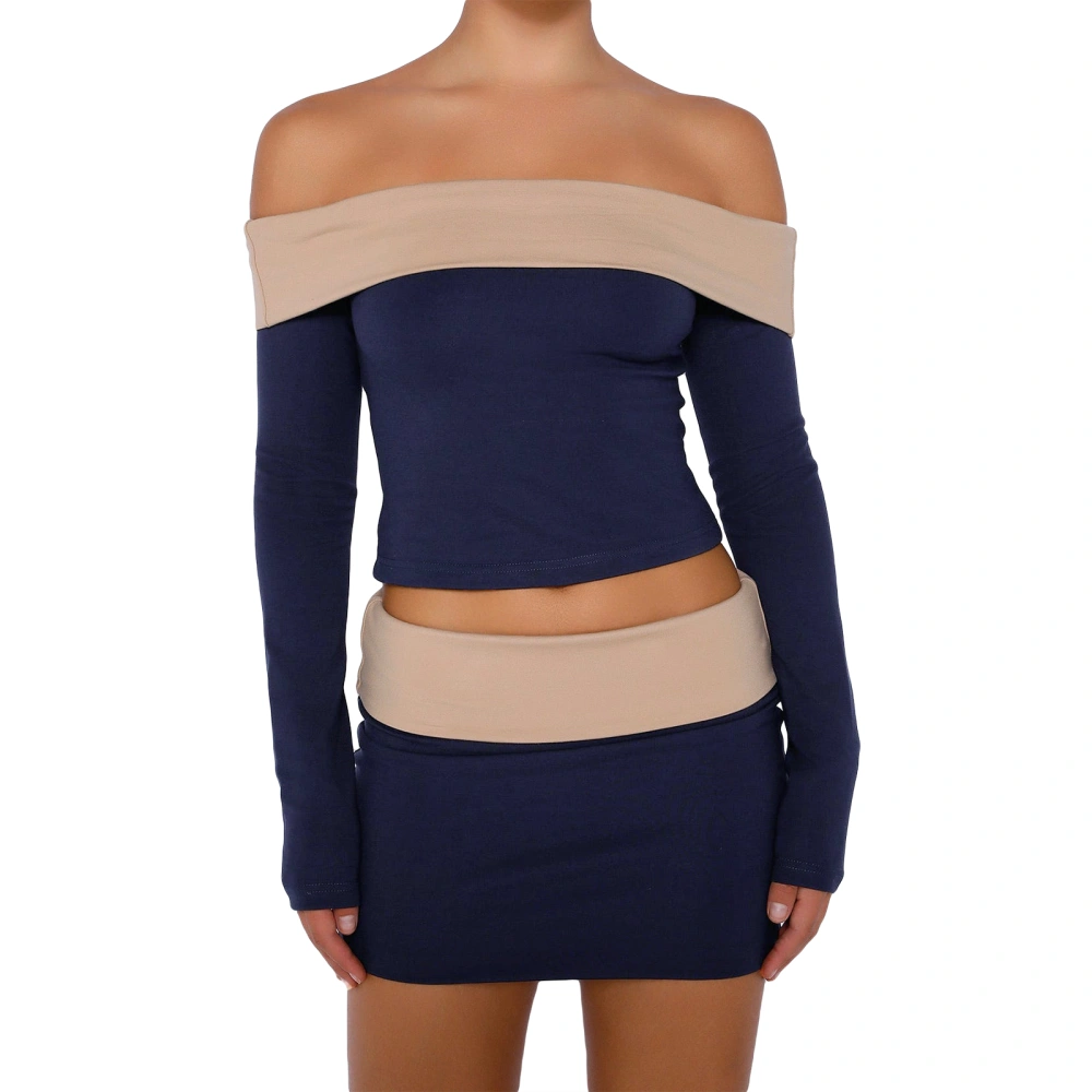 Women Skirt Set, Off-shoulder Tops with Low Waist Mini Bodycon Skirt