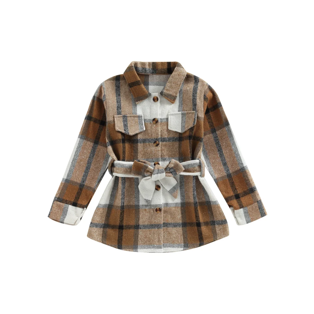 Kids Girls Plaid Shirt Coat Autumn Warm Button Jackets with Belt 