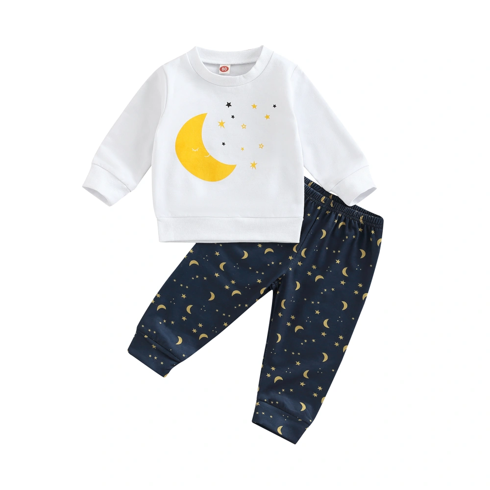 Toddler Boy 2Pcs Fall Outfits, Moon Star Print Tops + Pants Set