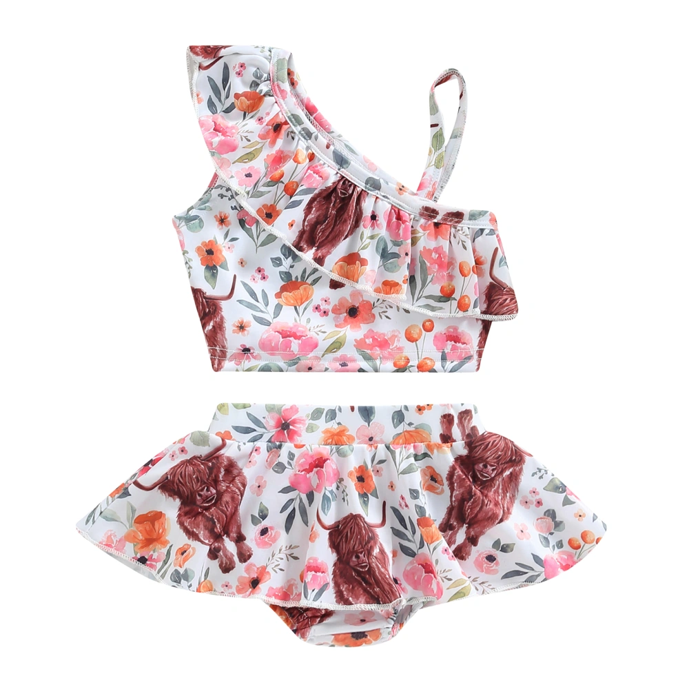 Toddler Girls One Shoulder Floral Swimwear Tops + Tutu Ruffle Shorts