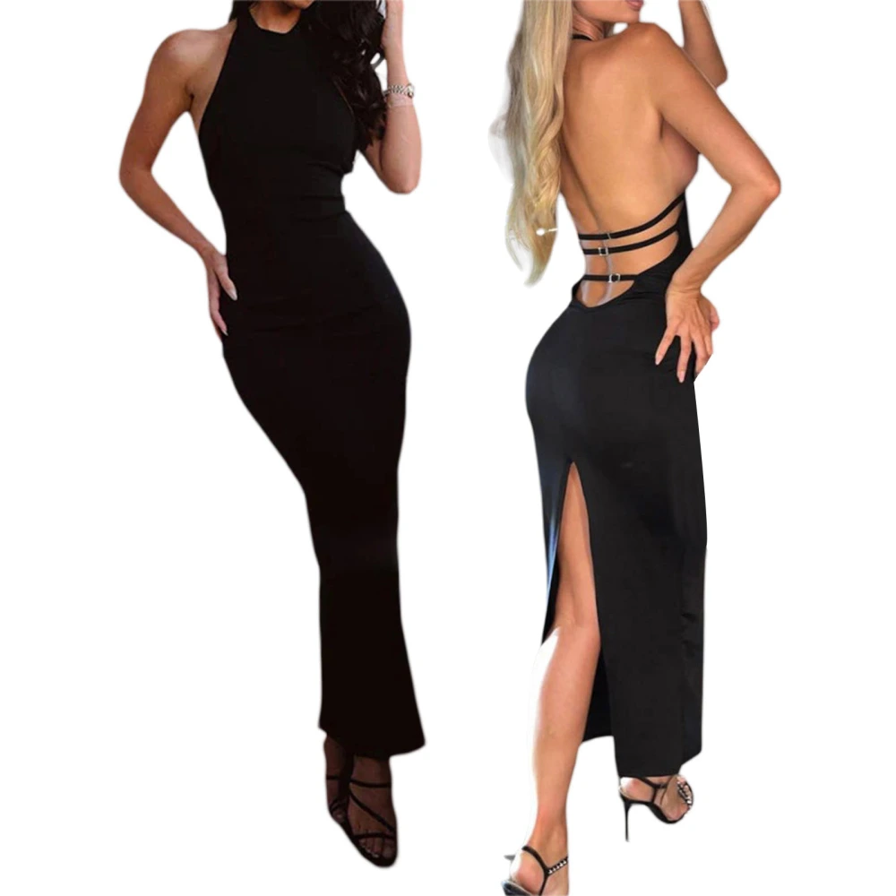 Women Long Dress, Sleeveless Halterneck Backless Slit Slim Fit Dress