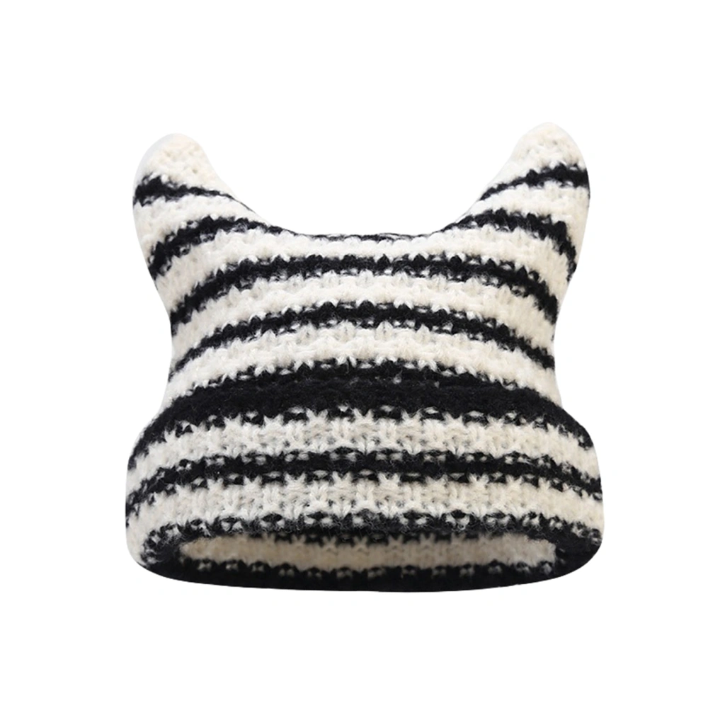 Women Girls Winter Thermal Solid Color/Striped Cat Ear Knit Hat