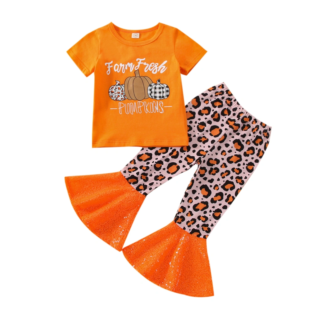 Girls Orange Letter Pumpkin Print T-shirt + Leopard Print Flared Pants