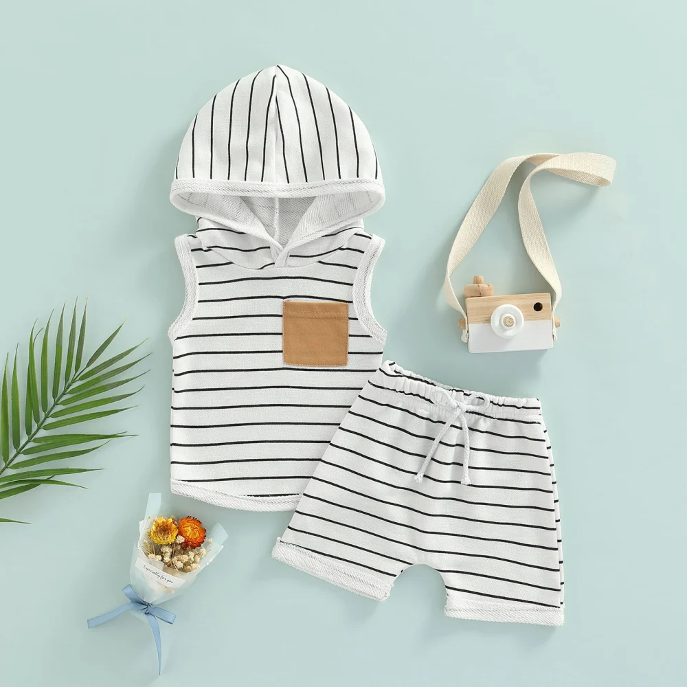 Baby Boys Hooded Striped Vest Tops + Drawstring Short Pants 