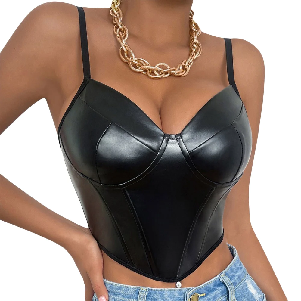 Women's Black Sleeveless Backless Low Cut PU Leather Camisole