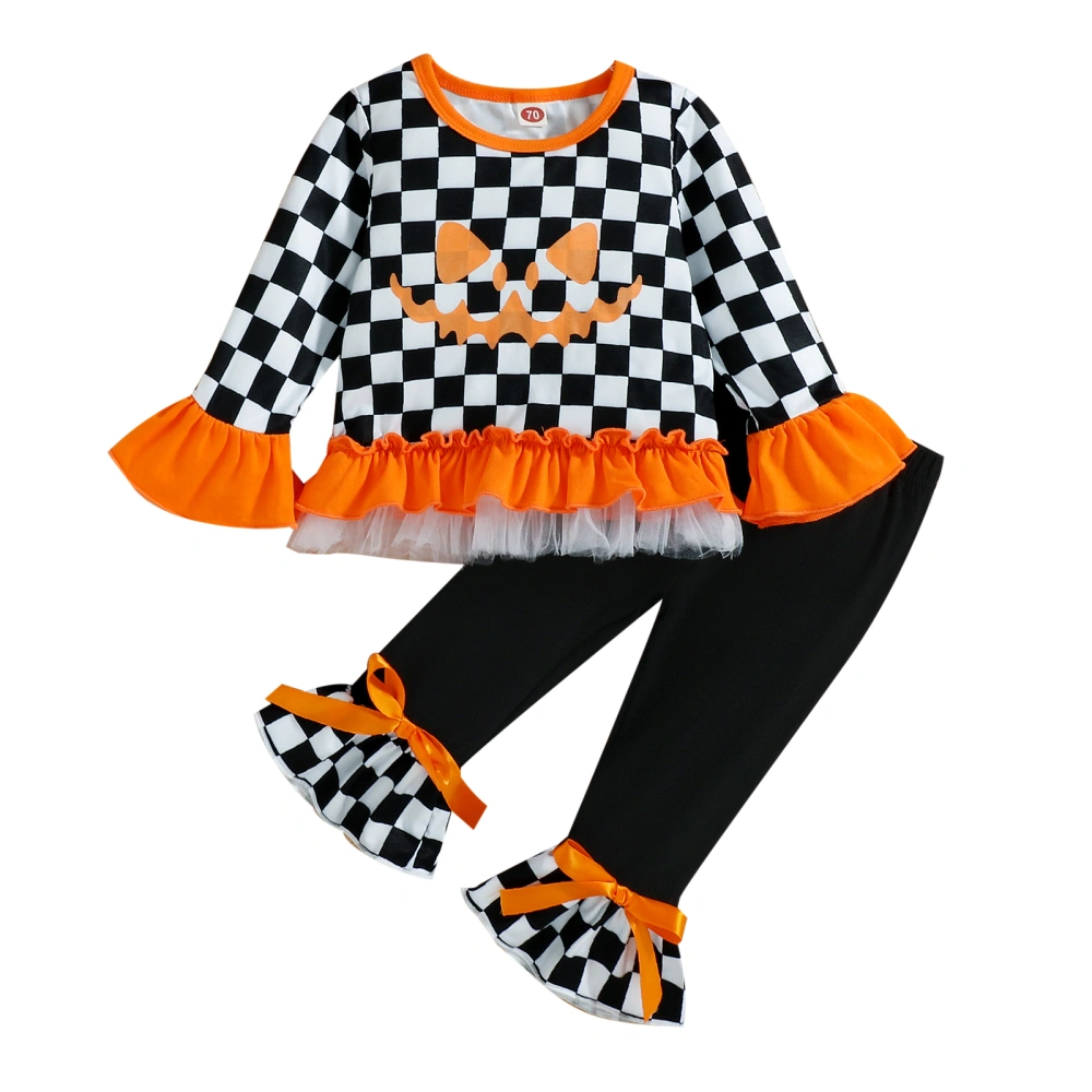 Girl’s Halloween Checkerboard Mesh Yarn Tops and Flared Trousers Set