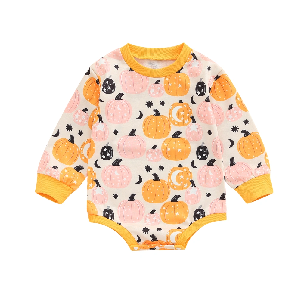 Baby Halloween Romper, Long Sleeve Pumpkin Crew Neck Snap Romper