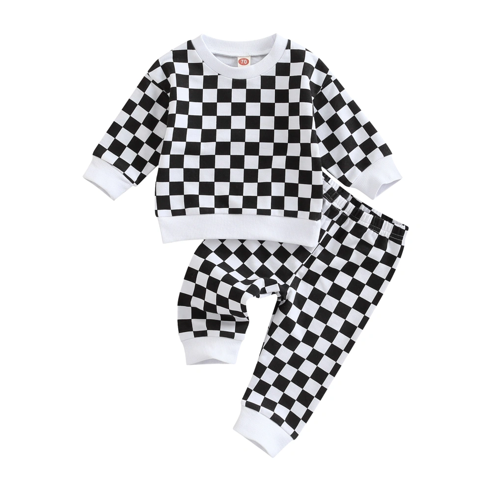 Baby Checkerboard Print Long Sleeve Tops + Elastic Waist Long Pants