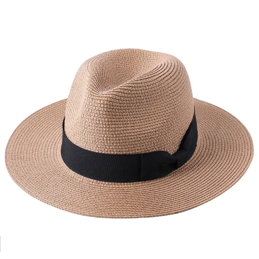 Women Straw Fedora Hat, Summer Wide BrimPanama Beach Hat with Bow Band