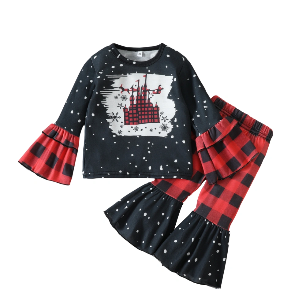 Girls Trousers Outfits Snowflake Print Plaid Long Sleeve Tops Pants 