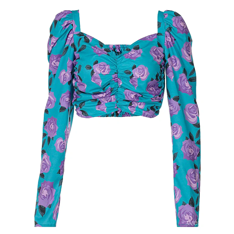 Women's Crop Tops, Flower Print Puff Long Sleeve Slim Fit Fall Tops