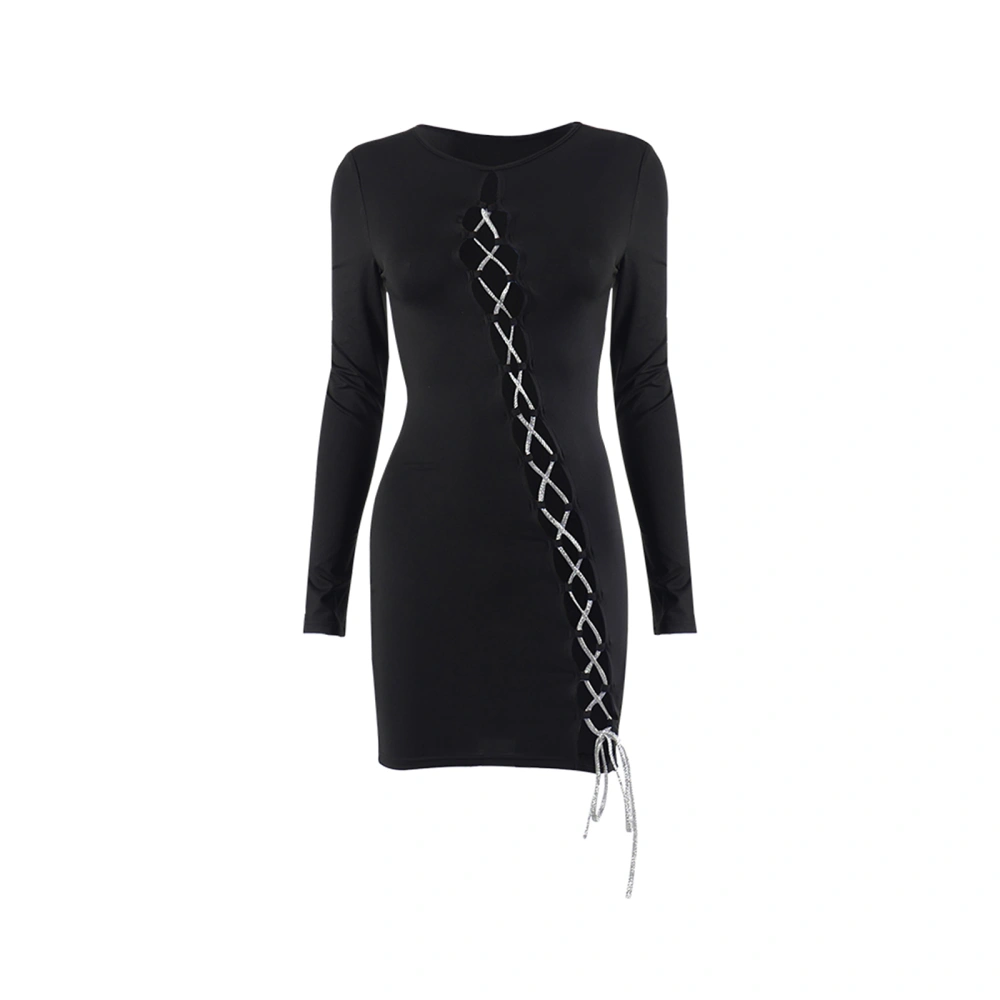 Women Long Sleeve Bodycon Dress Solid Color Cross Tie-Up Dress